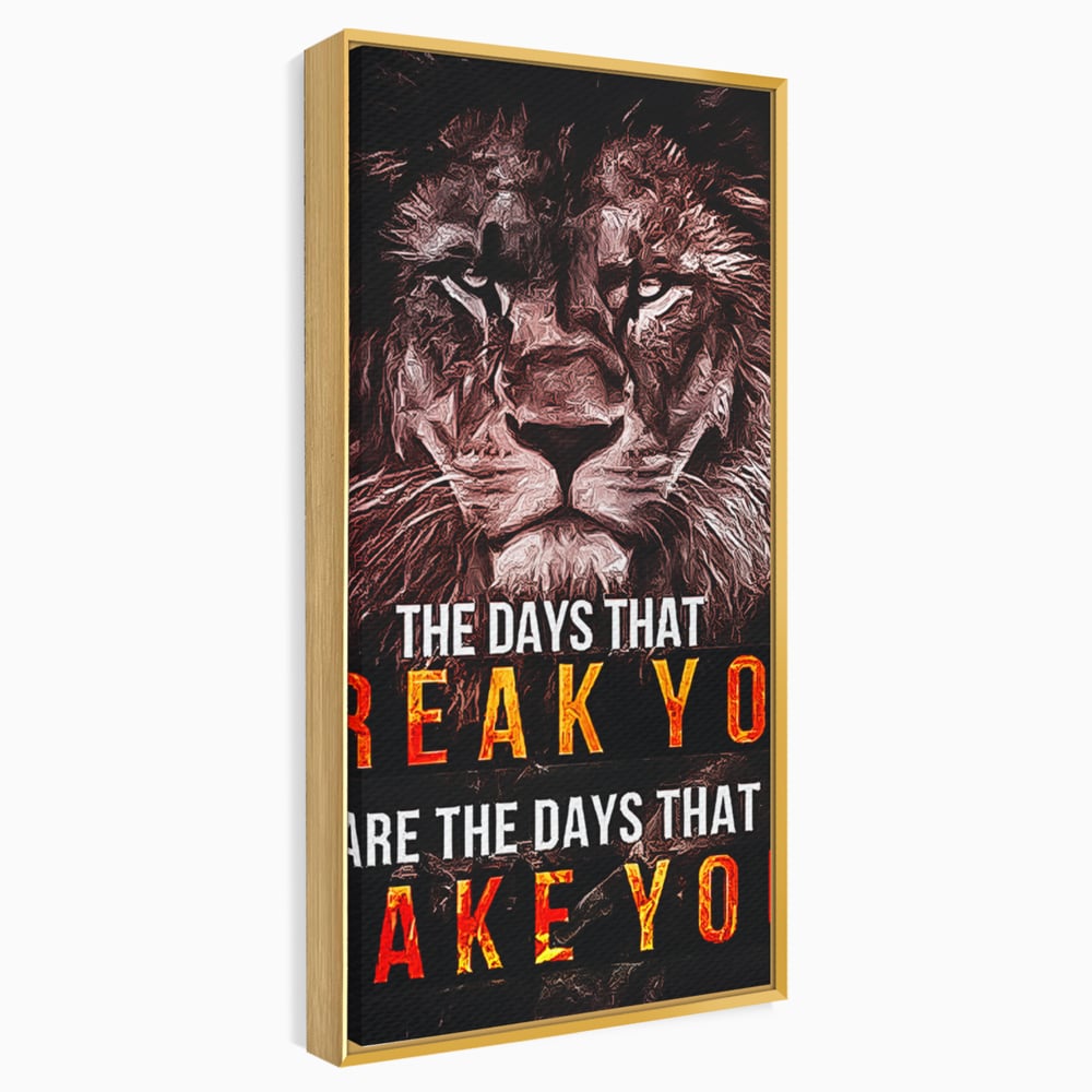 Tablou canvas cu tablou canvas cu leu si mesaj motivational, in rama de aluminiu auriu